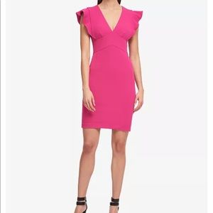 NWOT DKNY V-Neck Pink Ruffle Cap Sleeve Sheath Dress Sz10